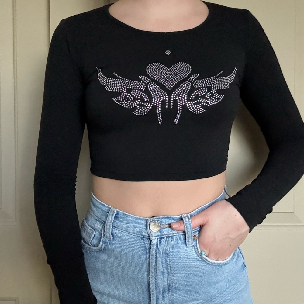 Black Punk Long Sleeve Crop Top with Rhinestone Design